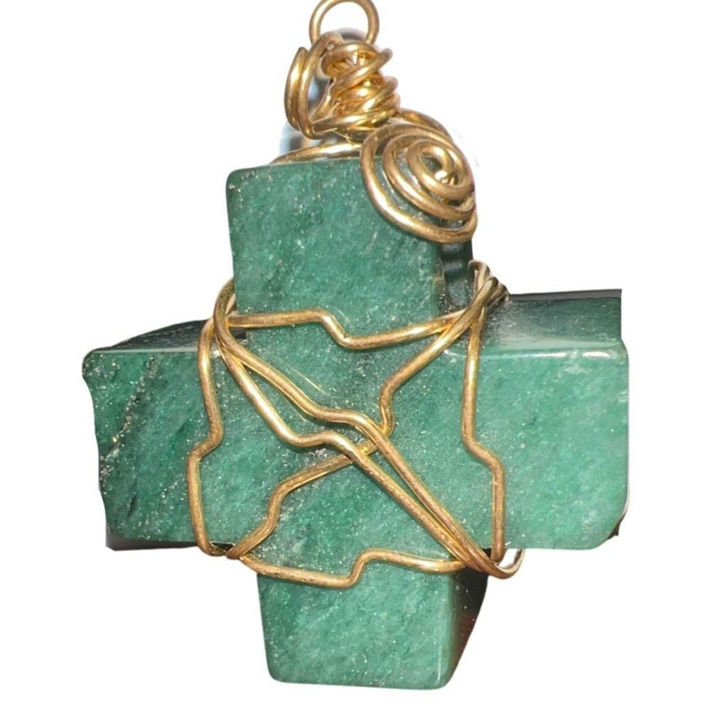 Wire Wrapped Jade Green Cross Necklace Pendant
